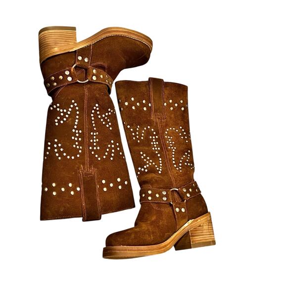 Dingo Troubadour Leather Studded Boots Pull-On Brown Size 6.5M NWOB - Picture 5 of 13